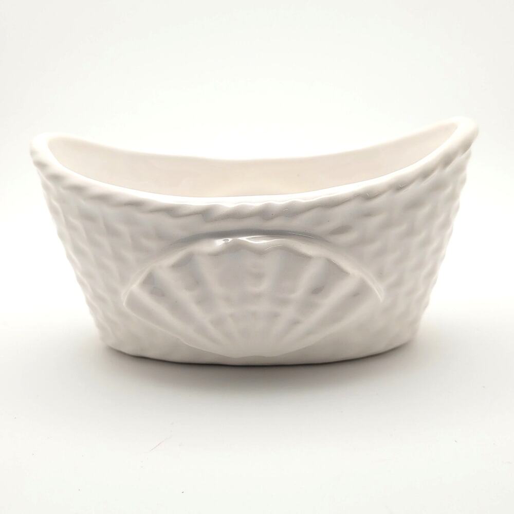 Portugal Shell Motif Basketweave Oval Ceramic Bowl Dish White Coastal Beach